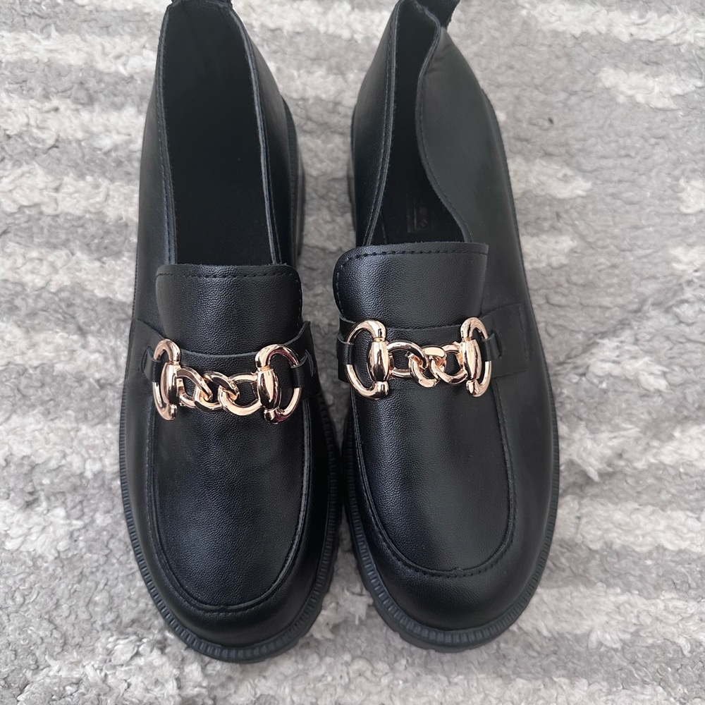 Black Loafers with Gold Chain Detail